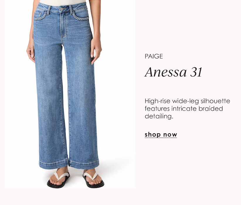 PAIGE Anessa 31 high-rise wide-leg jeans in a medium wash with braided pocket detailing.