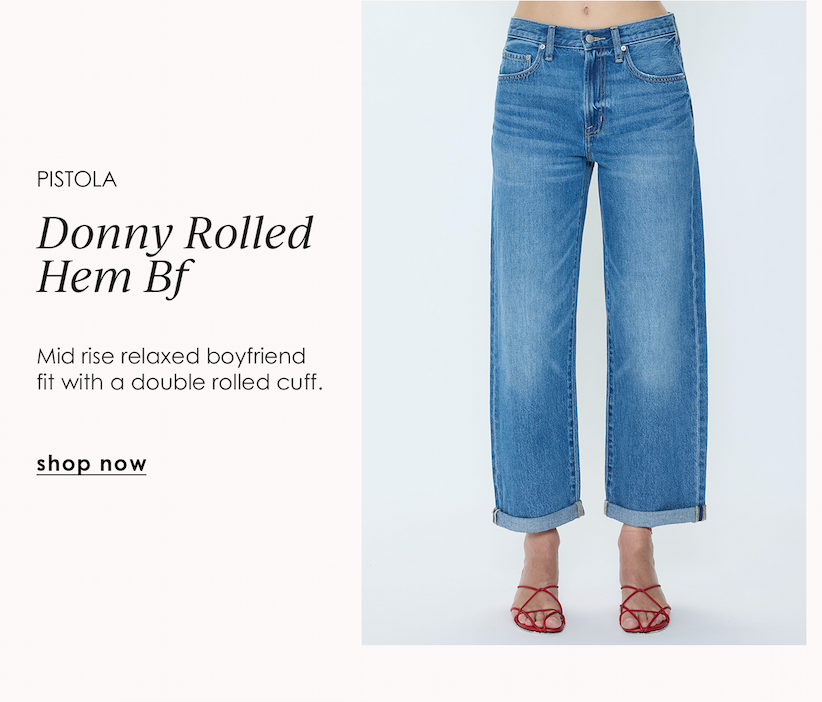 PISTOLA Donny Rolled Hem BF mid-rise boyfriend jeans in a medium wash with relaxed legs and double-rolled cuffs.