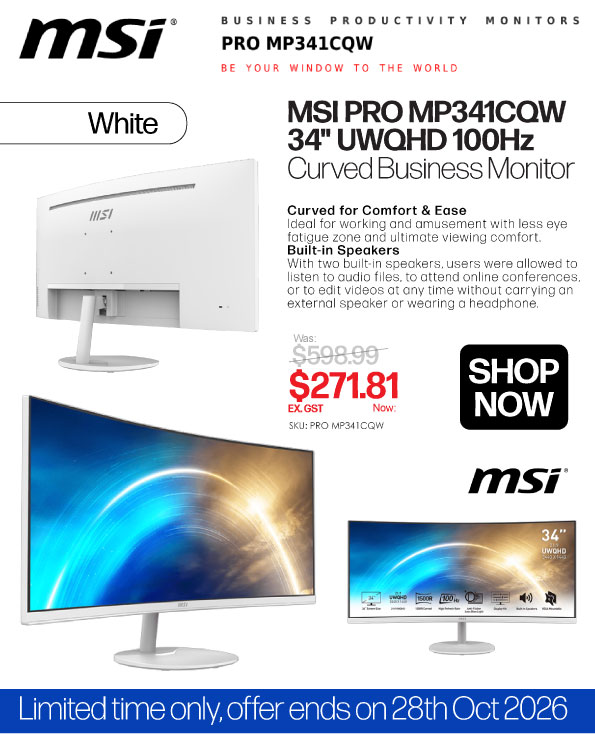 Shop MSI Pro MP341CQ 34" UWQHD 100Hz Curved Business Monitor (White) - Was $598.99, Now $271.81 Ex GST (Until 28 October or While Stocks Last)