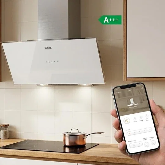 Ciarra Kopffreihaube 90cm Weißglas - Smarte Dunstabzugshaube für offene Küchen & Mietwohnungen, Energiesparend A+++, Umluft & Abluft Komplettset inkl. Aktivkohlefilter | CBCW9763A