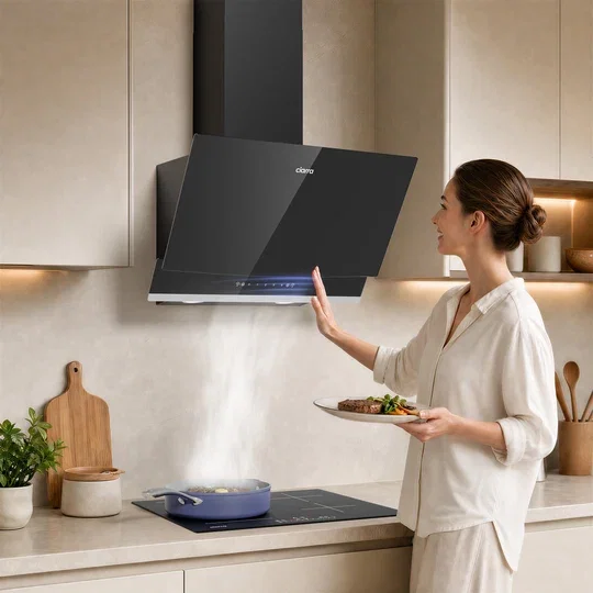 Ciarra Kopffreie Dunstabzugshaube 60cm, Schwarz Glas Edelstahl, Energieeffizienzklasse A+++, 710 m³/h Saugleistung, Touch & Gestensteuerung, Umluft & Abluft | CBCB6736A