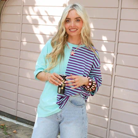 Split streep tee mint paars