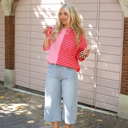 Split streep tee roze rood