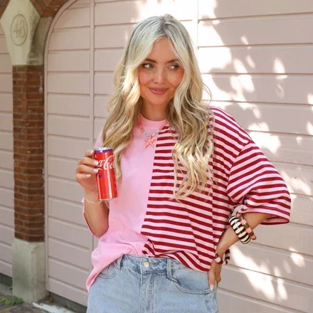 Split streep tee roze bordeaux