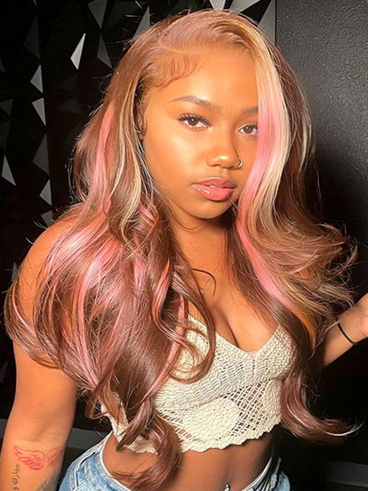 Pink Hair Highlights In Brown Hair Body Wave Lace Wig With Blonde And Pink Highlights
