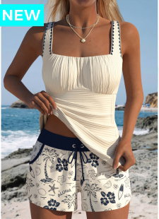 Tummy Coverage Mid Waisted Tropical Plants Print Tankini Set