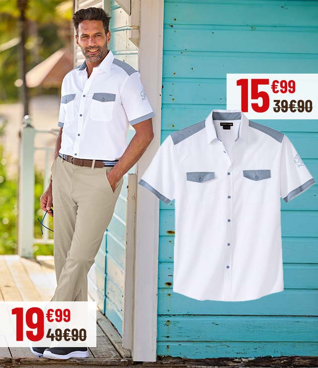 La chemisette à 15 euros 99 et le pantalon à 19 euros 99