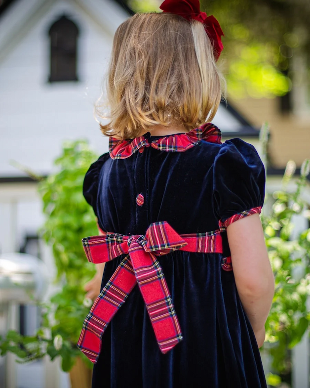 Navy Velvet Longall with Red Tartan Trim
