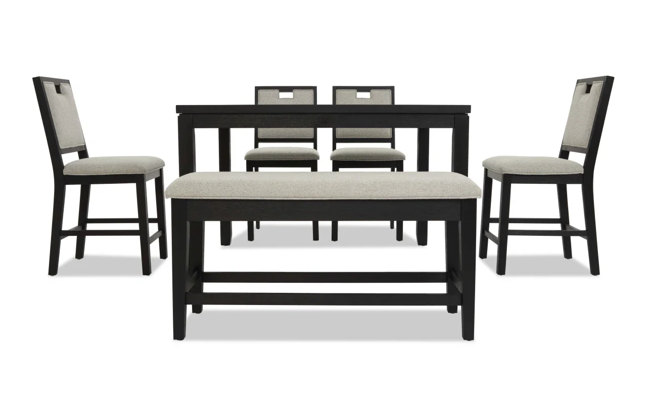 Brookline 6 Piece Black & White Upholstered Counter Height Square Dining Set with Storage Bench