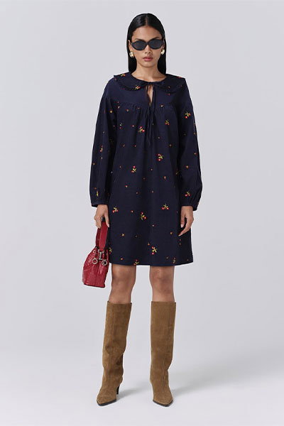 Alaia Embroidered Corduroy Tie Neck Dress