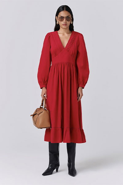 Gracie Corduroy V Neck Tiered Midi Dress