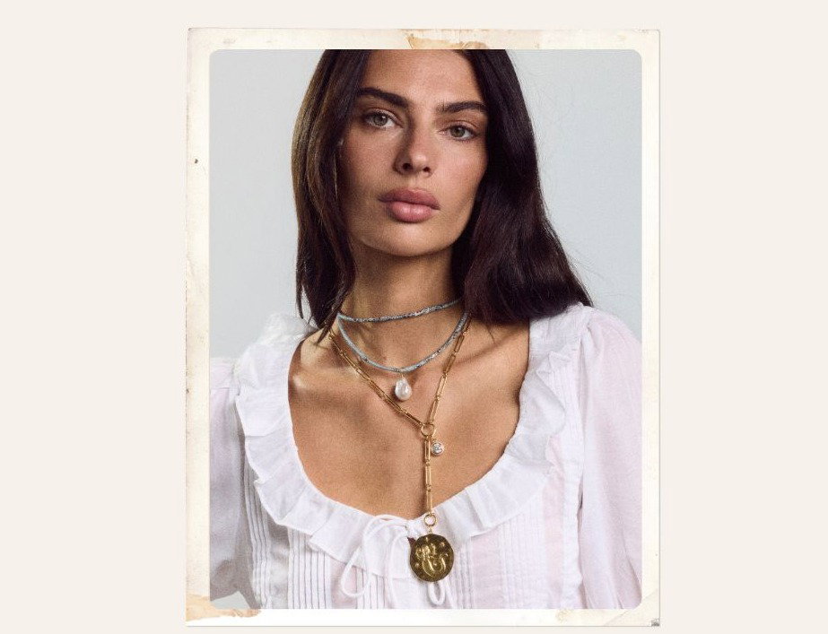 Model wearing HART x Hill House Cord Necklace with Pearl, Mixed Link Charm Clip Lariat Necklace with Pink Bezel Charm and Mermaid Charm