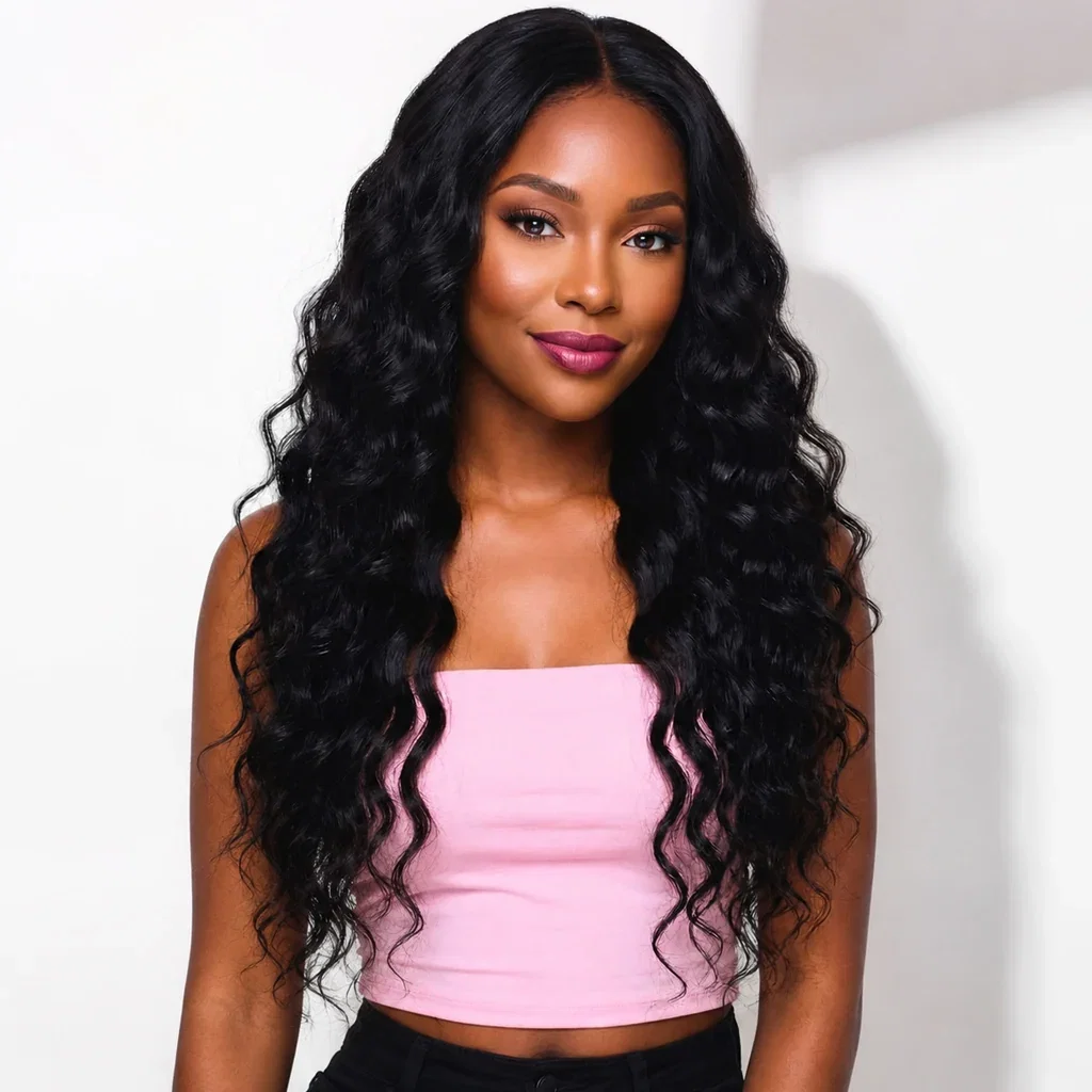 Woman wearing long black wavy hair wig with pink tube top against white background