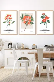 Set of 3 Oak Framed Vintage Graphical Orange Flower Market Wall Art