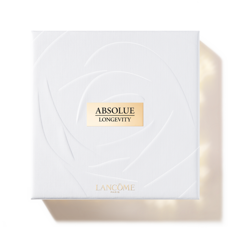 Cofanetto bianco Lancôme Absolue Longevity con rosa in rilievo e placchetta dorata al centro