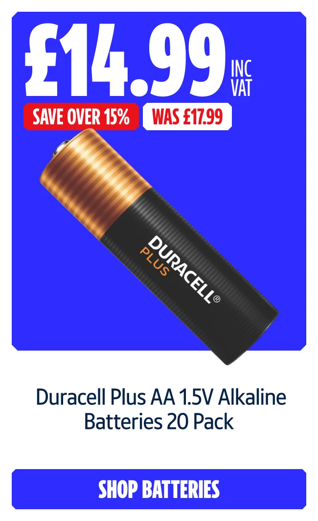 Save Over 15% on Duracell Plus AA 1.5V Alkaline Batteries 20 Pack. Now £14.99 inc VAT Was £17.99. Shop Batteries.