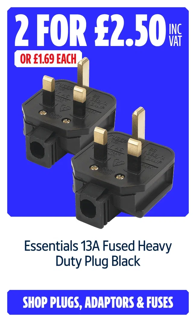 Buy 2 for £2.50 inc VAT on Essentials 13A Fused Heavy Duty Plug Black Or £1.69 Each. Shop Plugs, 
