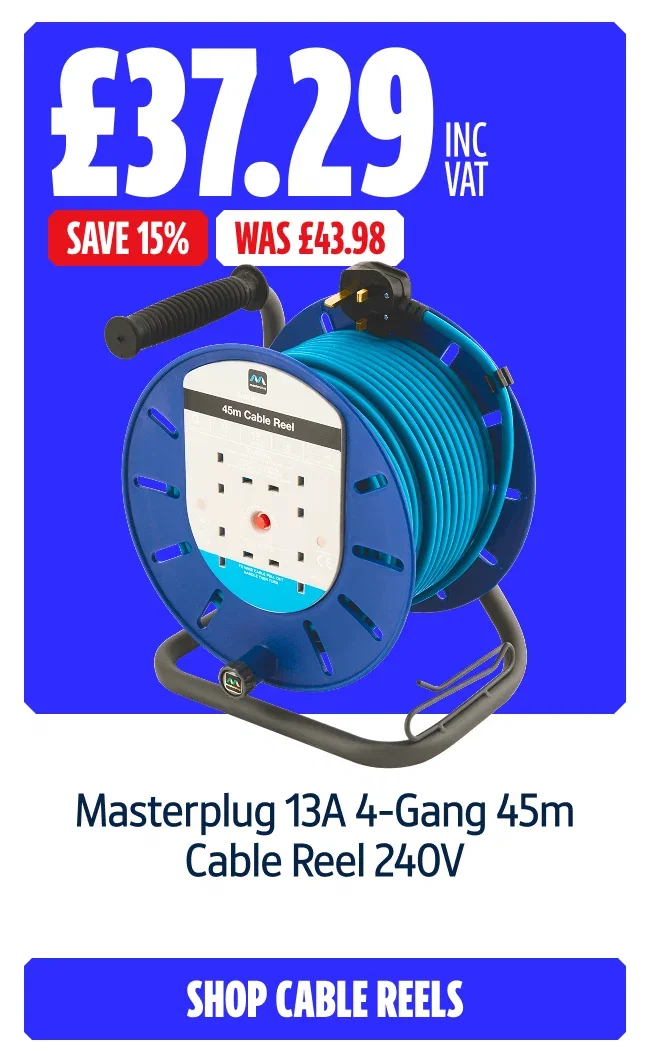 Save 15% on Masterplug 13A 4-Gang 45m Cable Reel 240V. Now £37.29 inc VAT Was £43.98. Shop Cable Reels.