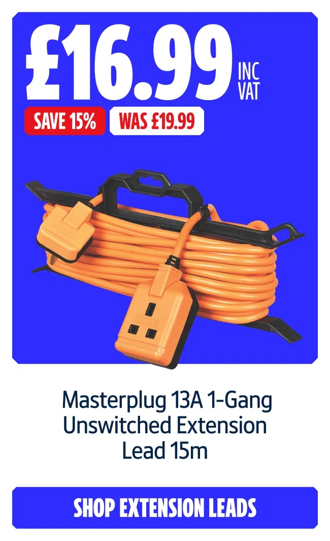 Save 15% on Masterplug 13A 1-Gang Unswitched Extension Lead 15m. Now £16.99 inc VAT Was £19.99. Shop Extension Leads.