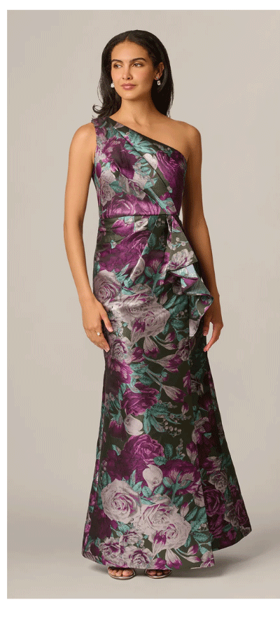 One Shoulder Rose Garden Jacquard Mermaid Gown In Green Multi