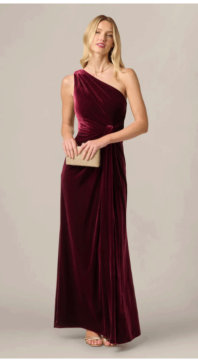 One Shoulder Stretch Velvet Twist Knot Draped Gown In Bordeaux
