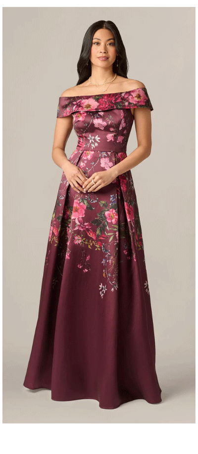 Off Shoulder Garden Floral Mikado Ballgown In Burgundy Multi