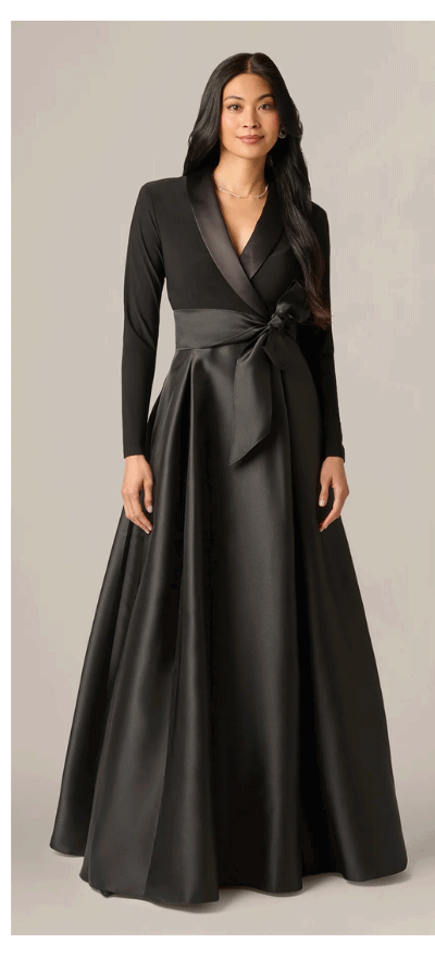 Long Sleeve Sash Belt Tuxedo Combo Gown In Black