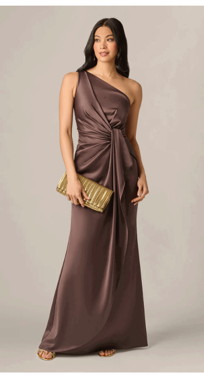One Shoulder Draped Knot Waist Satin Gown In Dark Brown
