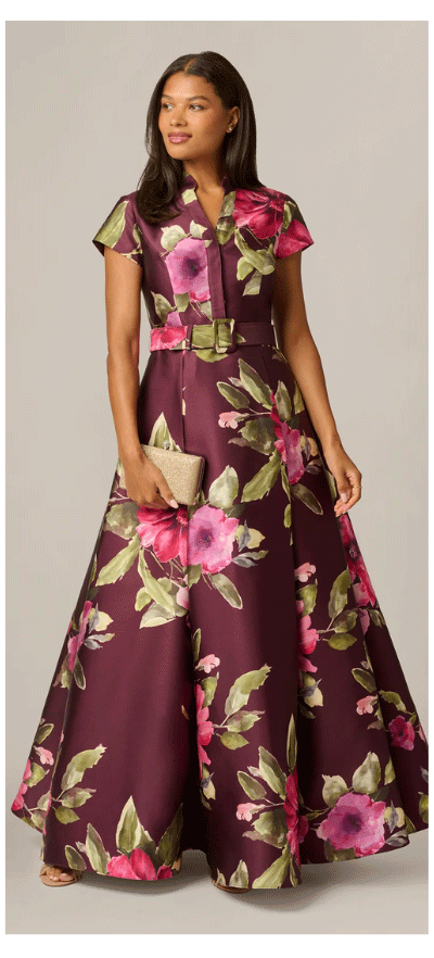 Short Sleeve Magnolia Floral Ballgown In Wine Multi