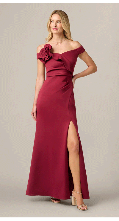 Off Shoulder Rosette Stretch Mermaid Gown In Crimson Haze