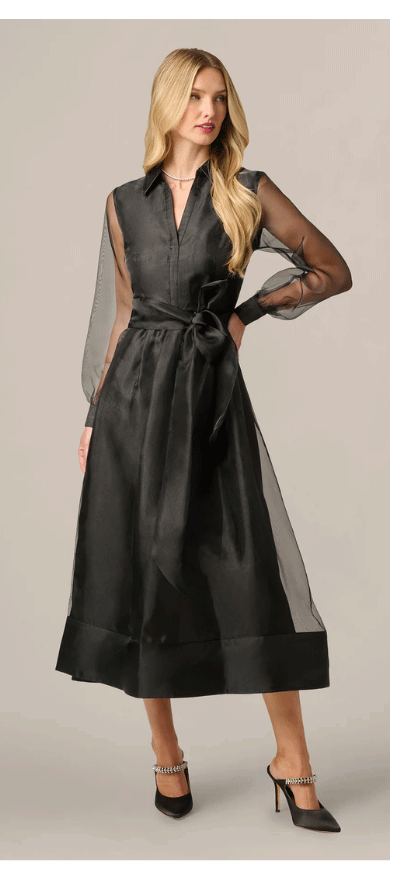 Long Sleeve Organza Collared Ankle Length Midi Dress In Black