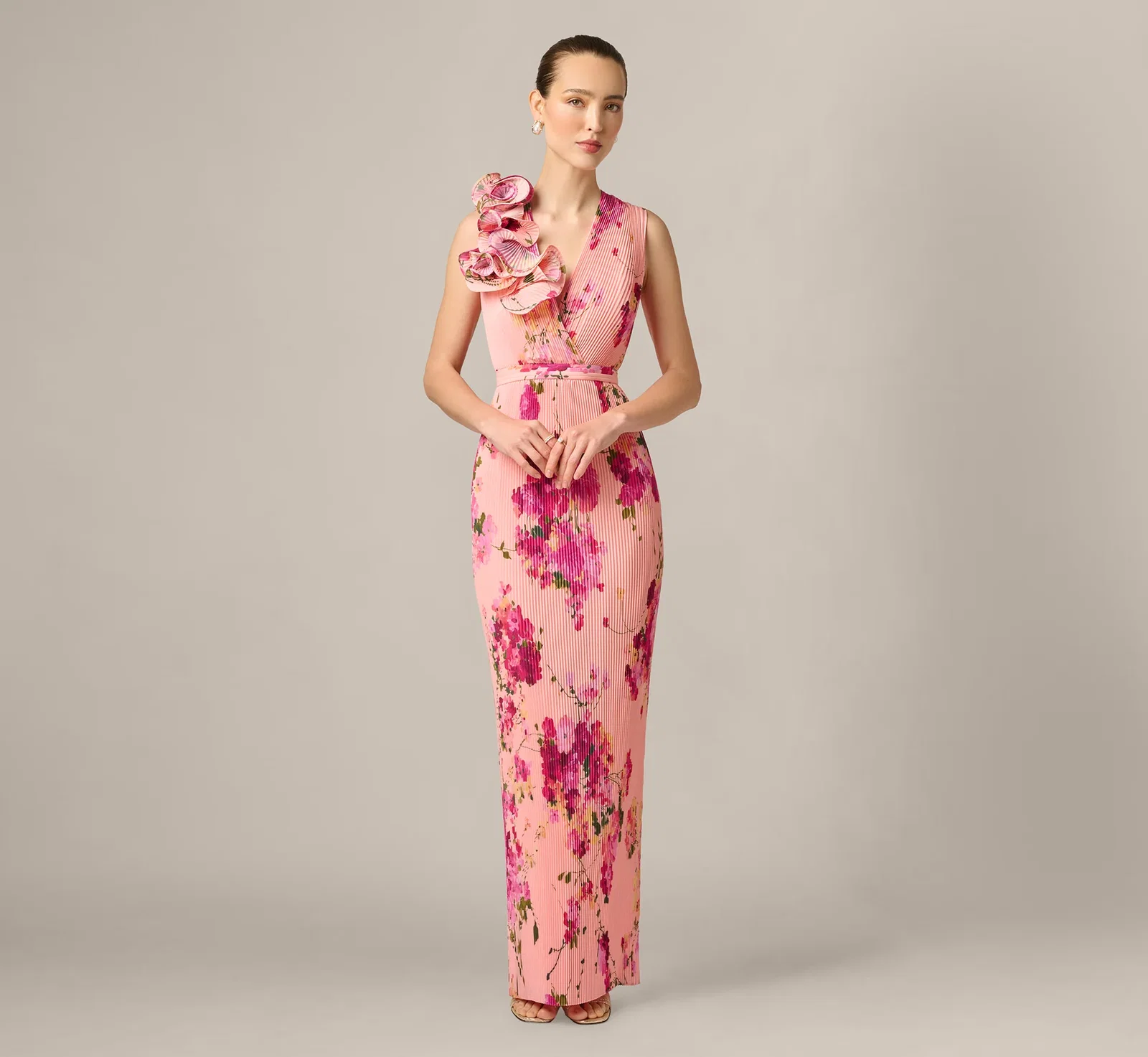 Image of Floral Flounce Shoulder Pleated Gown In Pink Multi