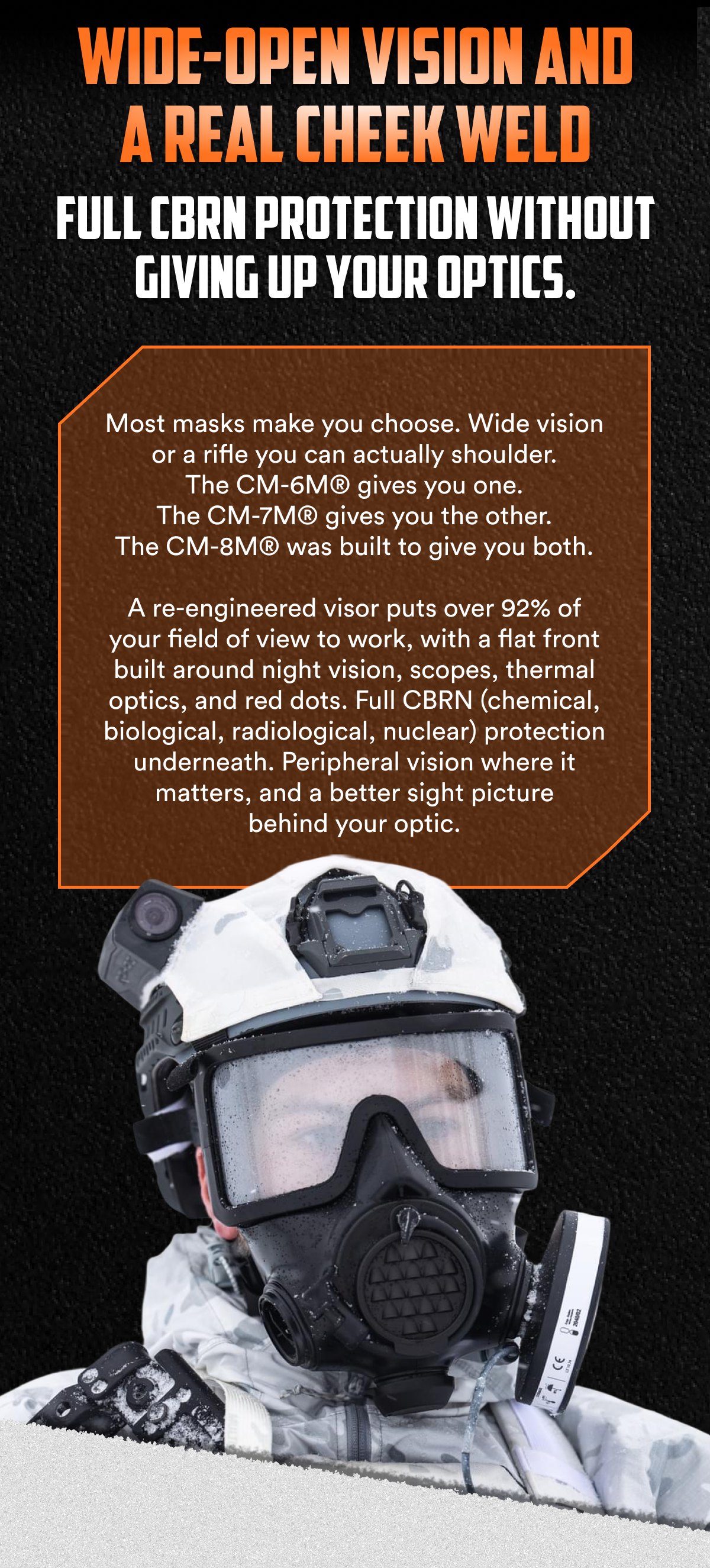Full cbrn protection without giving up your optics. Most masks make you choose. Wide vision or a rifle you can actually shoulder.