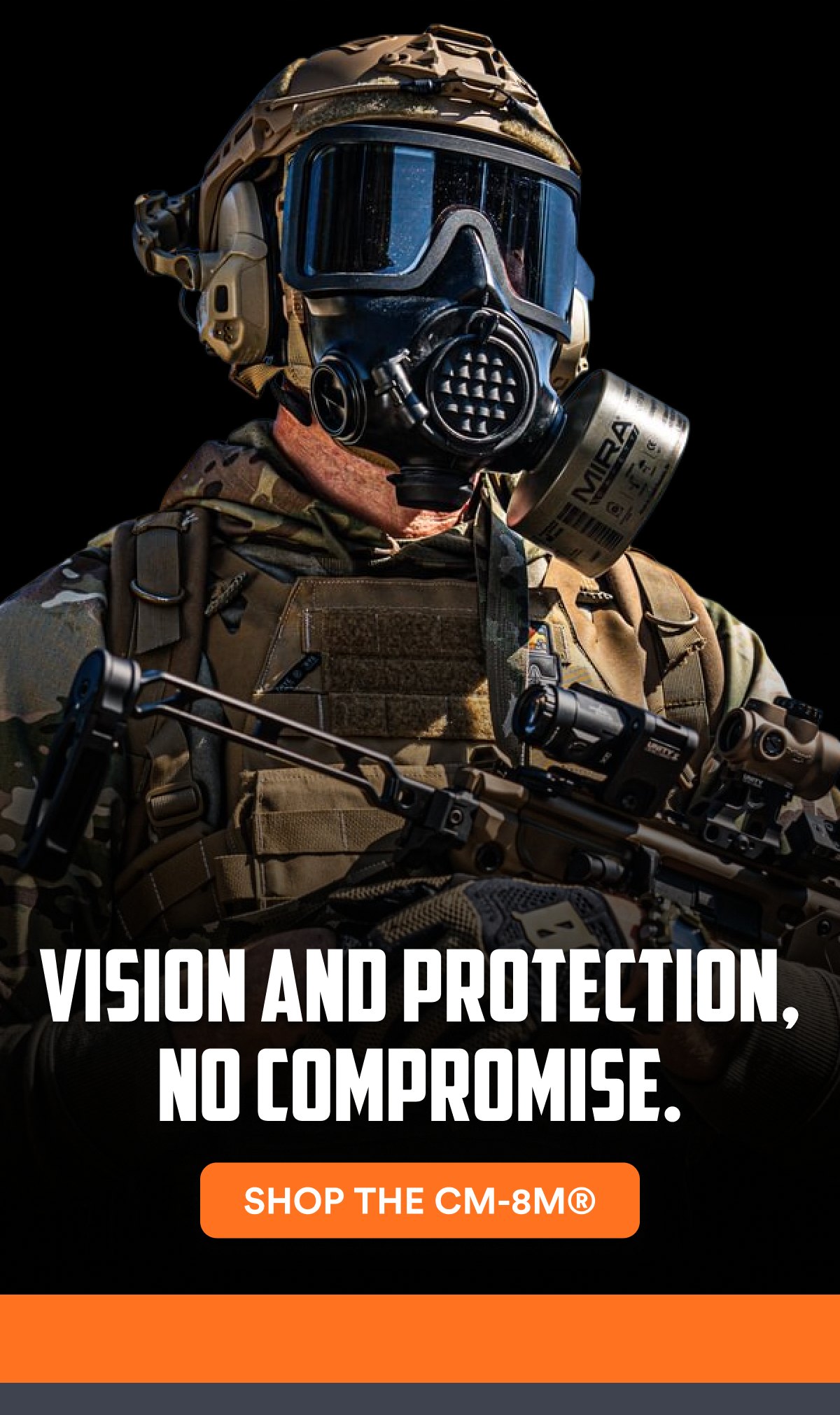 A person wearing tactical gear and a gas mask, with a helmet and goggles.