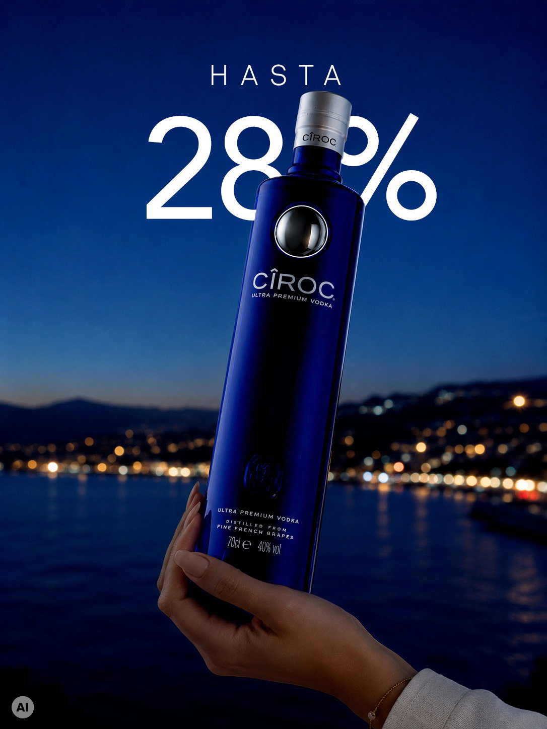 Hand holding a blue Cîroc vodka bottle against a nighttime harbour with city lights and Hasta 28% text