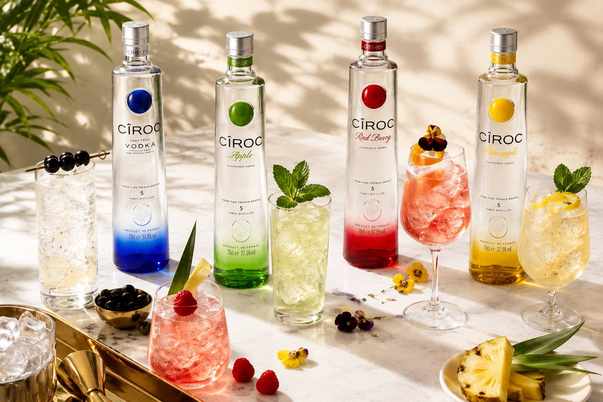 Four Cîroc vodka bottles (Original, Apple, Red Berry, Pineapple) with colourful cocktails, ice, fruit and mint on marble