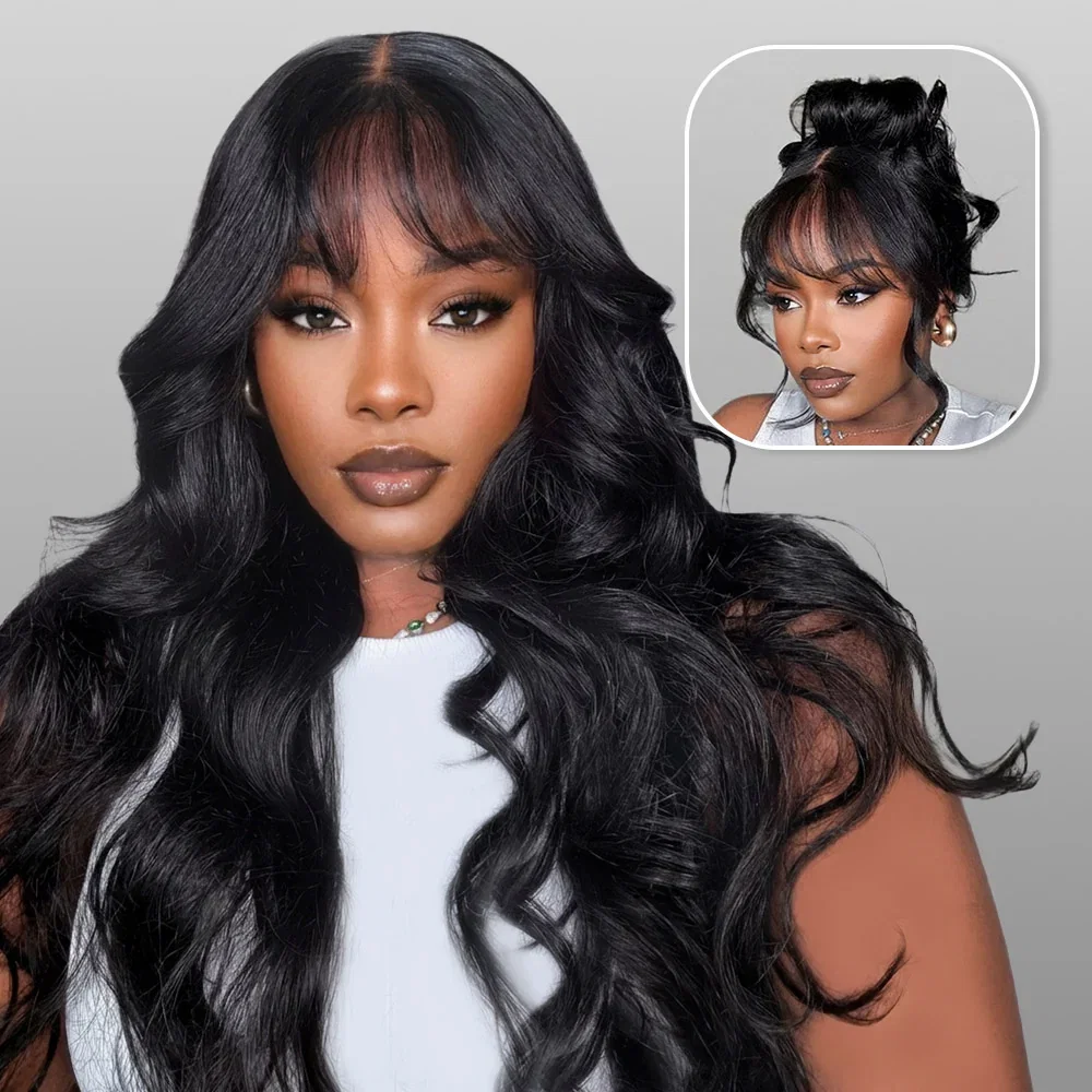 Special offer |18inch=$130.14 Megalook 6x5 Invisible Knots With Curtain Bang Loose Wave Natural Black Wig Pre-Cut Lace Beginner Friendly