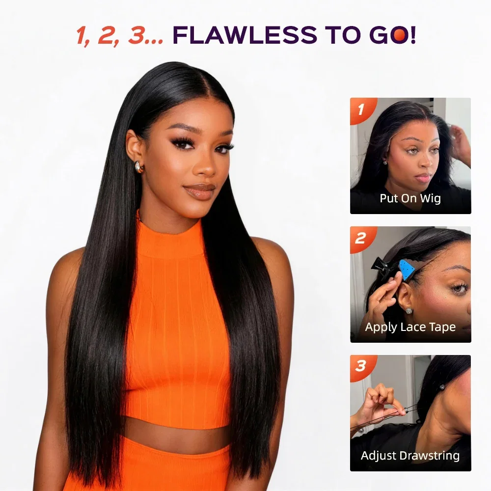 Megalook 13x6 Three-Go™ Glueless Wig Straight With Drawstring Natural Black 100% Human Hair Wig - 180% Transparent Lace / 22