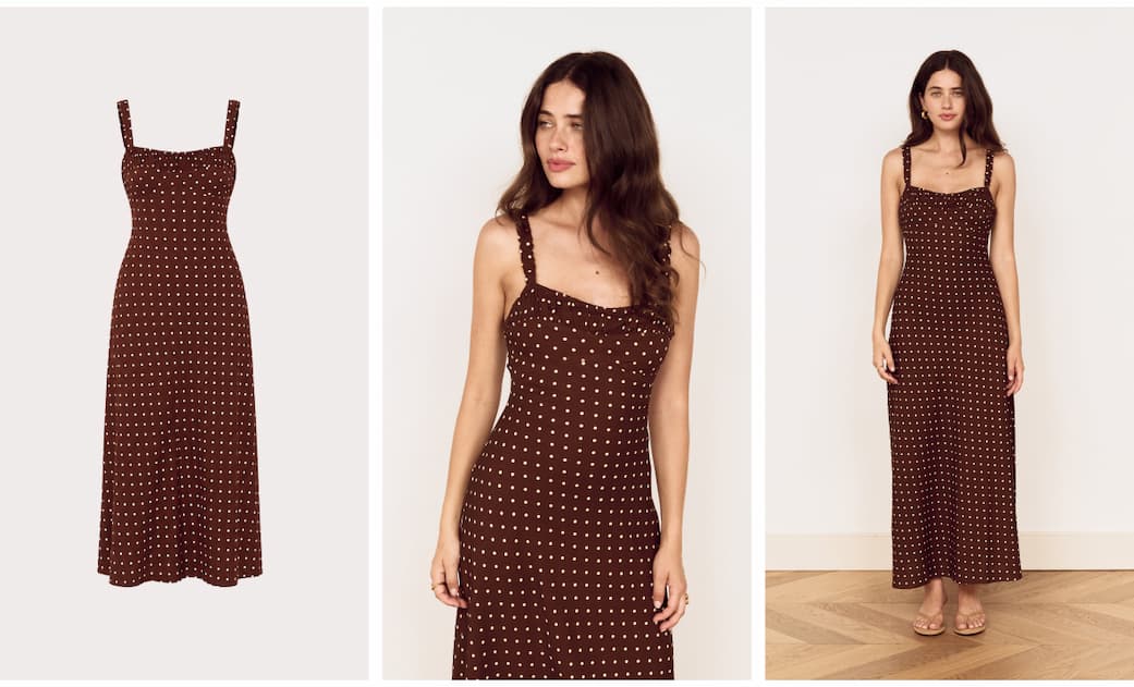 Brown Linen Blend Polka Dot Square Neck Midi Dress