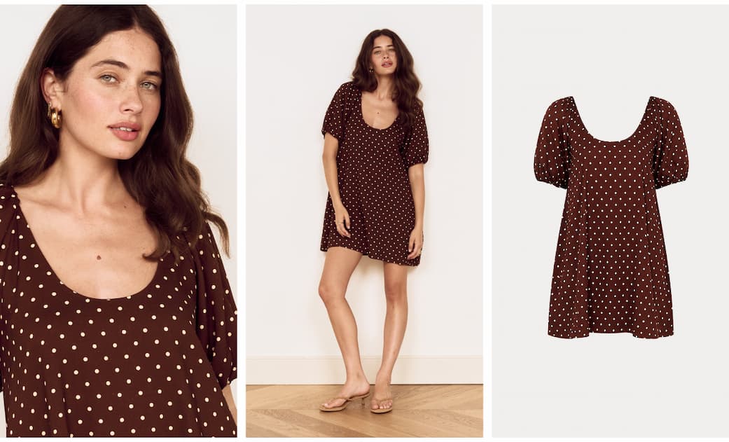 Brown Linen Blend Polka Dot Puff Sleeve Mini Dress