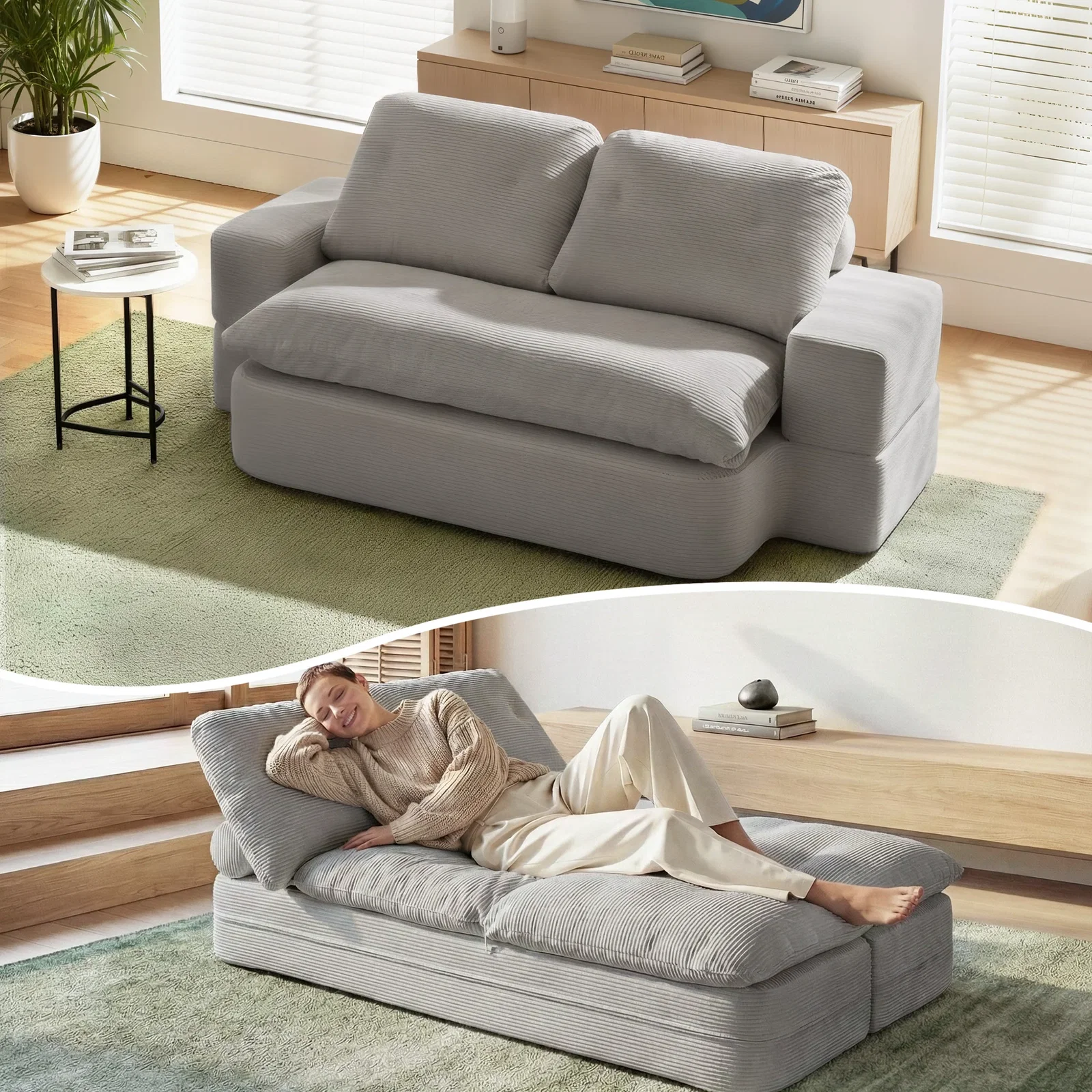 Convertible Folding Sofa Bed 30D High-Density Foam Boneless Couch with Corduroy Sleeper Couch Lounger for Living Room Grey