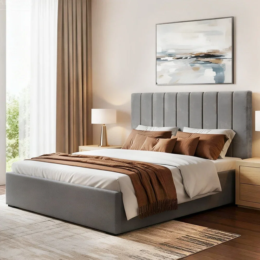 Double Bed Frame with Storage Grey Velvet Headboard Gas Lift Platform Base