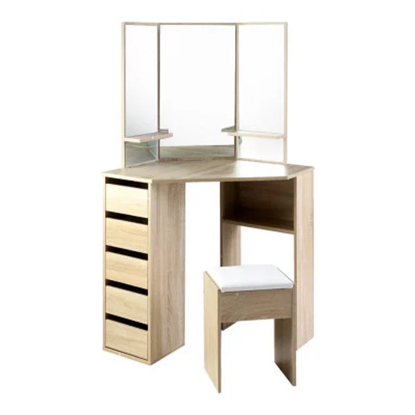 Corner Dressing Table Mirror Stool Set Makeup Vanity Desk Chair Oak