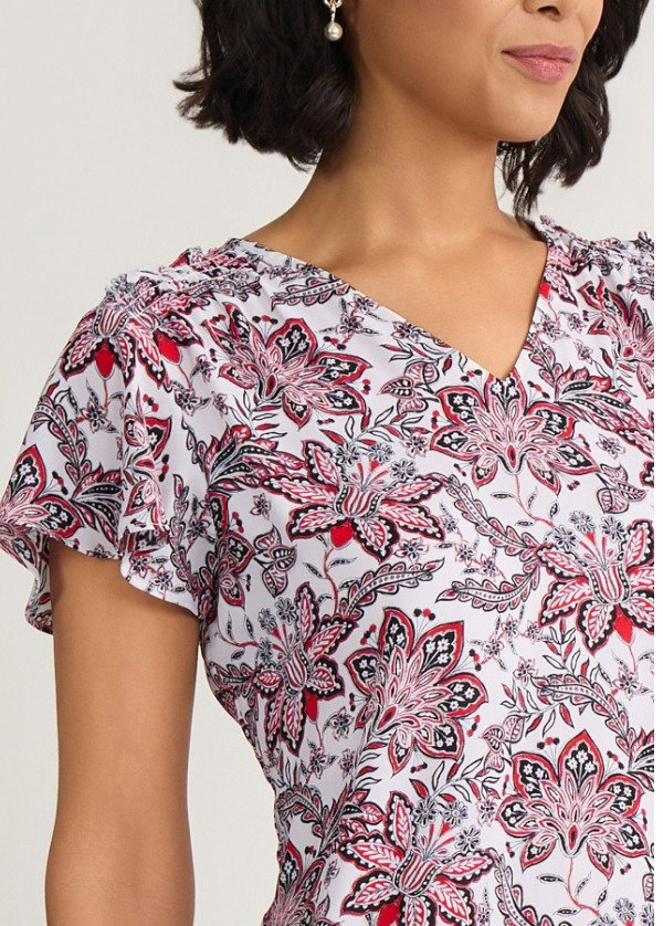 Short Flutter Sleeve Blouse, Printed Crepe