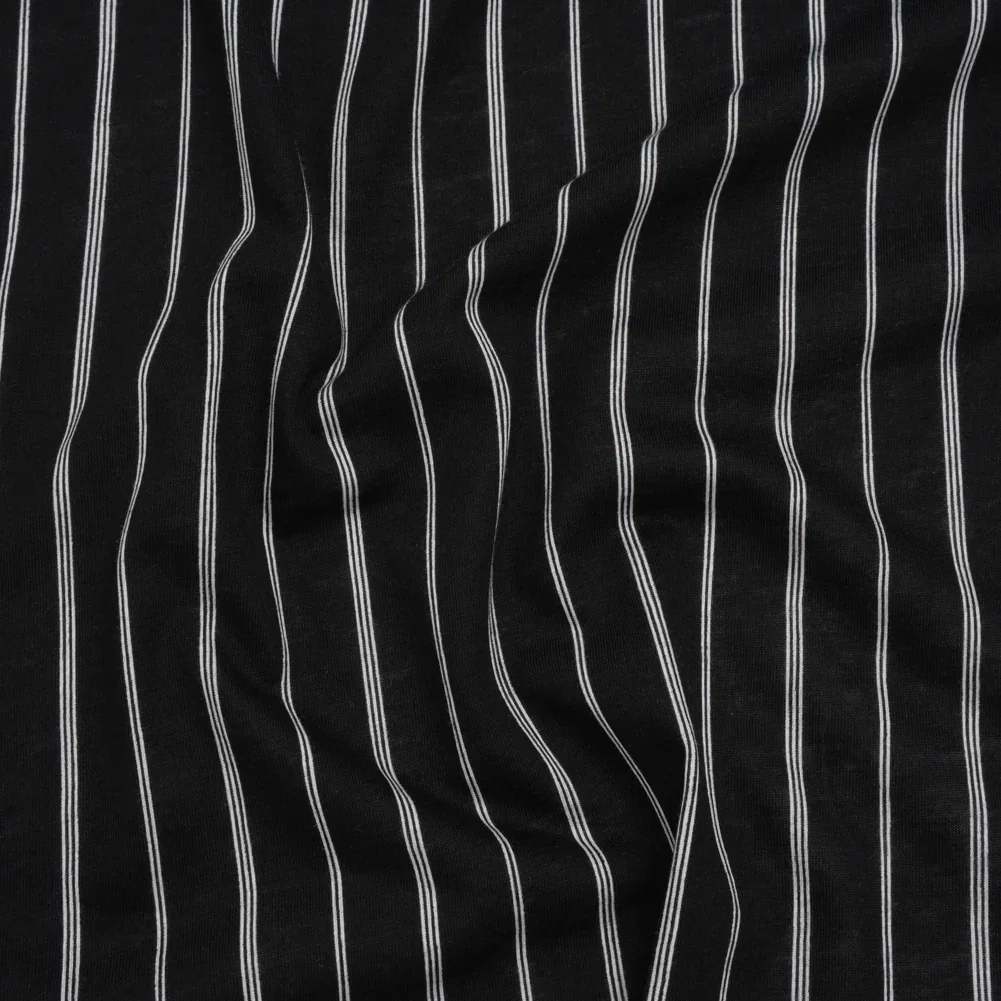 Image of Cotton and Viscose Jersey Print - Black and White Striped - Deadstock