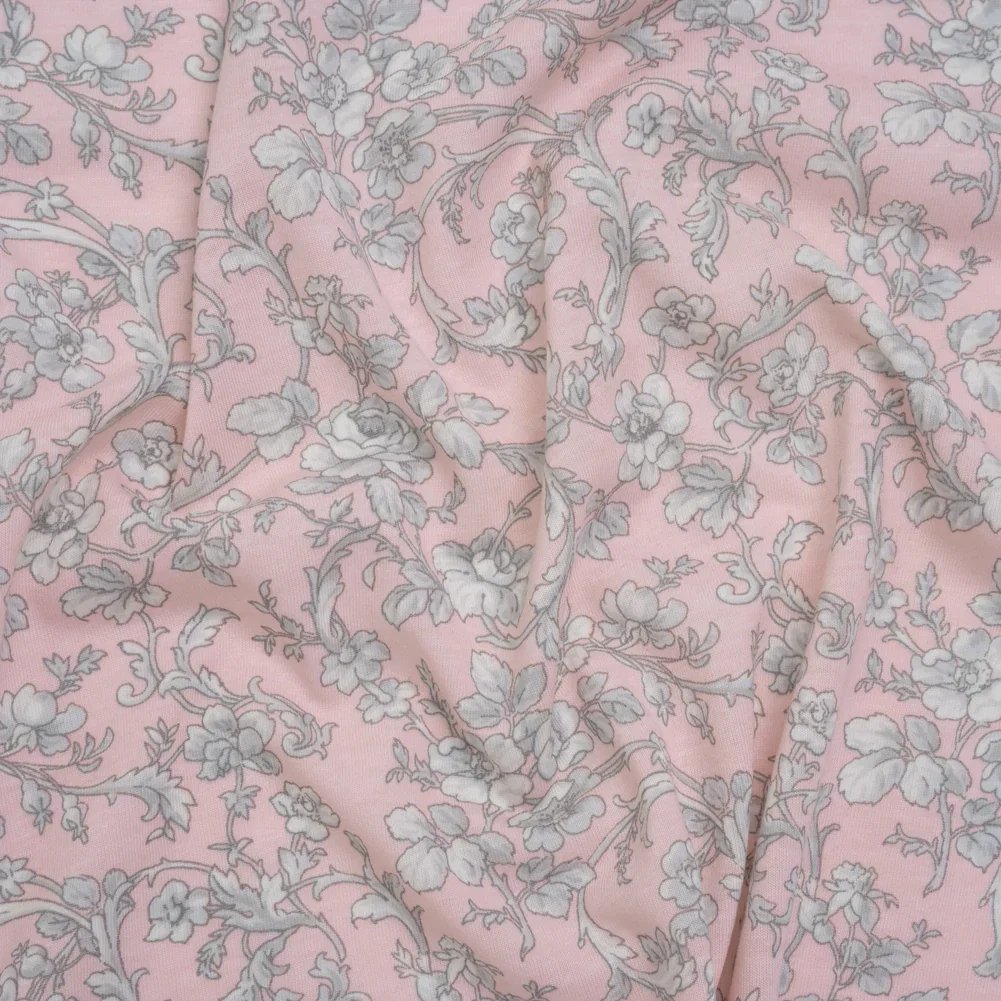 Image of Cotton and Viscose Jersey Print - Light Pink, Ivory and Gray Rose Vines - Deadstock