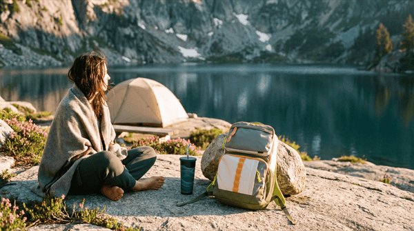 The (R)evolution 25L Transit Pack in Olive with the free 24 oz Insulated Steel Straw Tumbler, set together at a mountain lake campsite