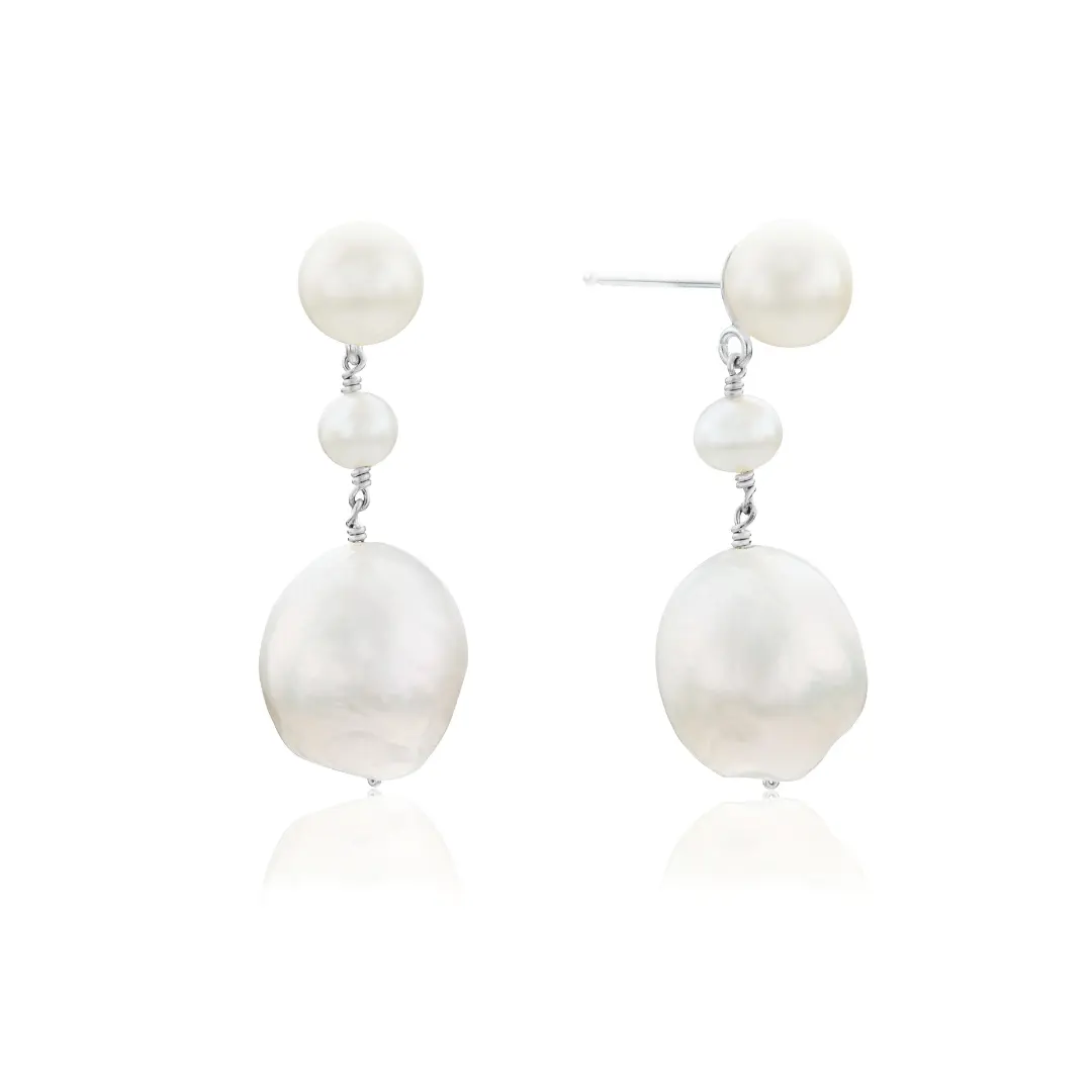Image of Silver Large Baroque Pearl Drop Stud Earrings