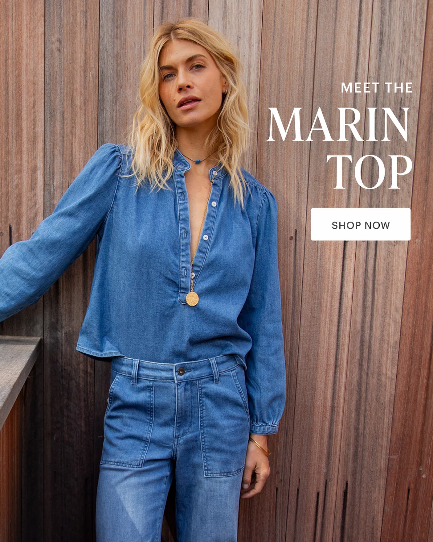 Meet the Marin Top. Woman in Marin Top and Farrah Jean standing by wood wall. 