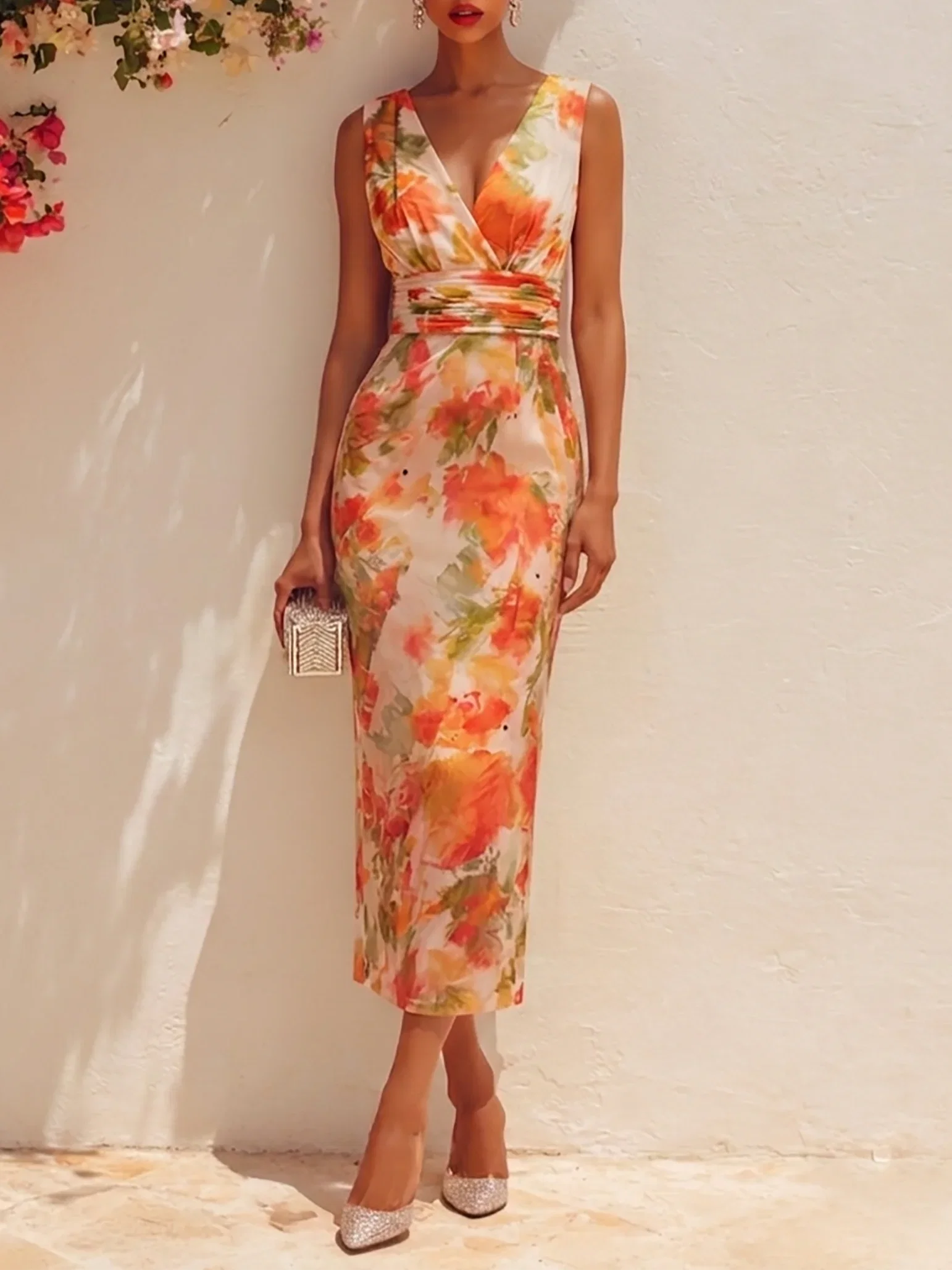 Orange Floral Chiffon V Neck Sleeveless Sheath Midi Dress